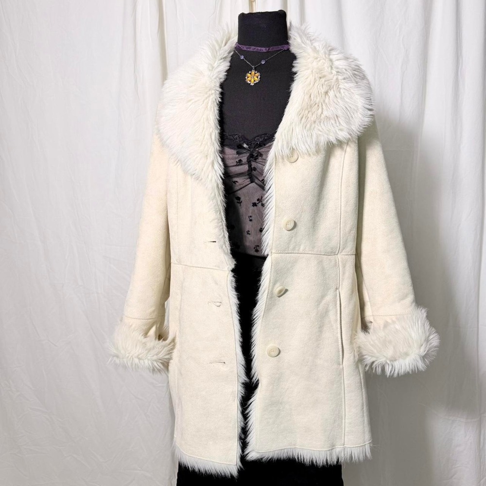 Mixit Size L Cream Faux Fur Trim Coat